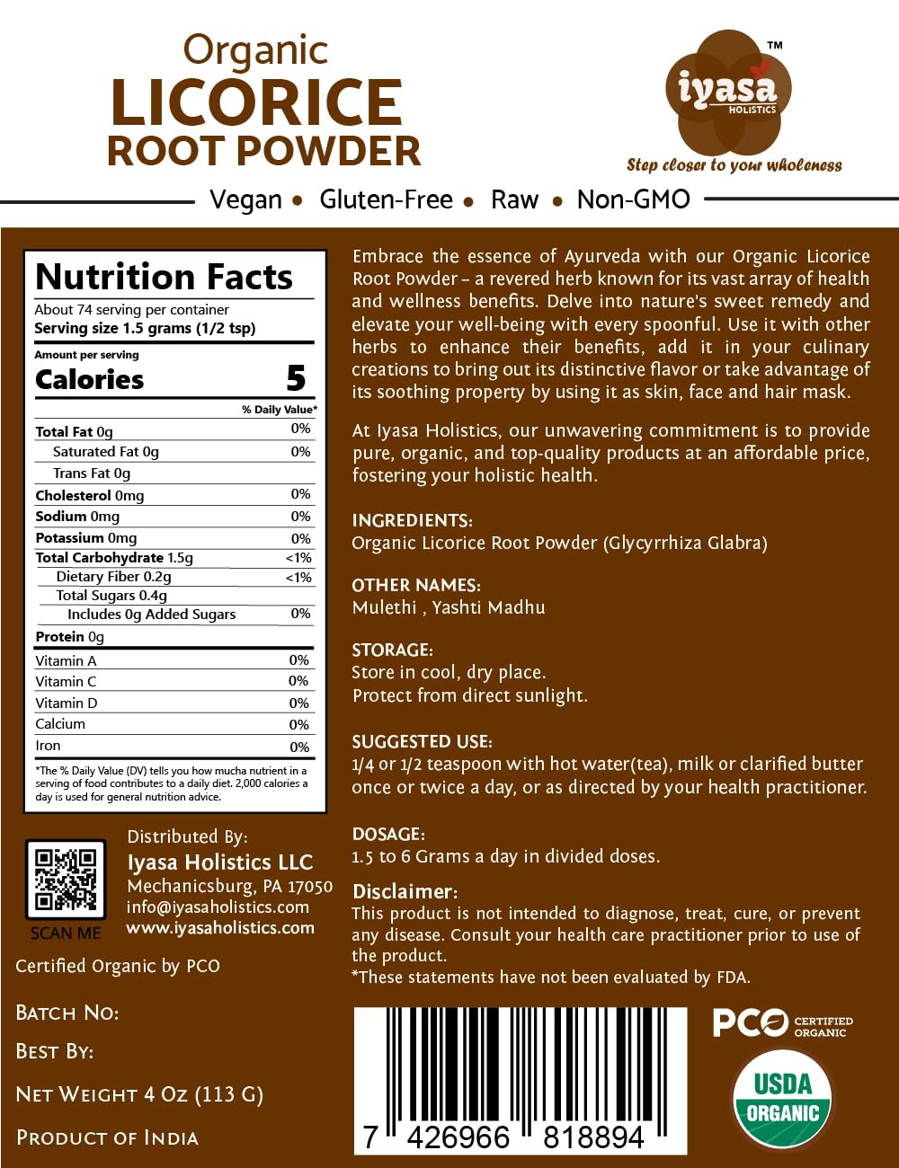 Label showing Organic Licorice Root Powder packaging