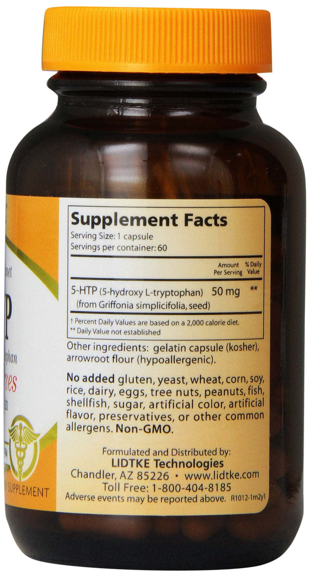 Side view of the Lidtke 5-HTP capsules bottle