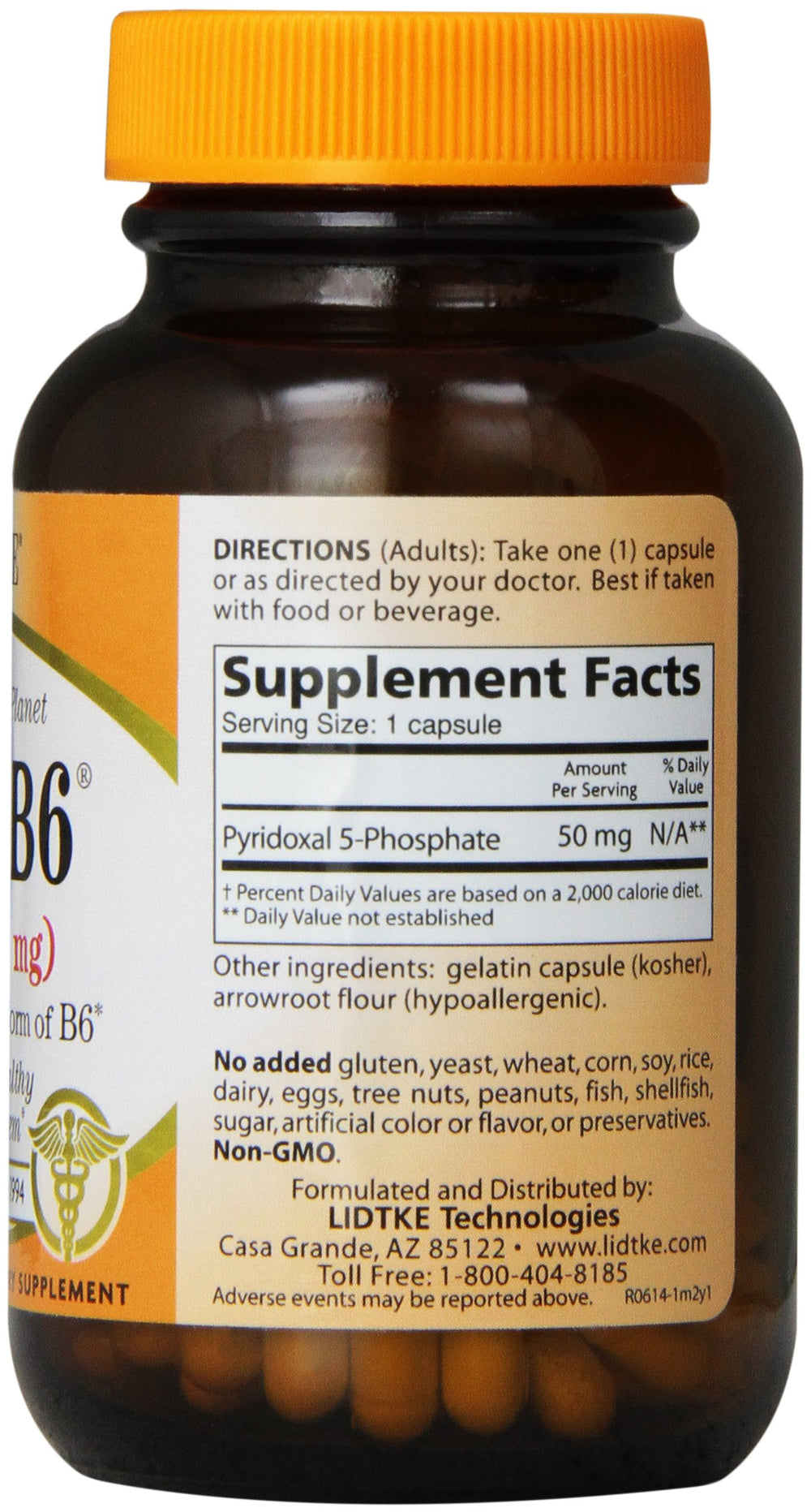 Label indicates 50 mg vitamin B6 per capsule