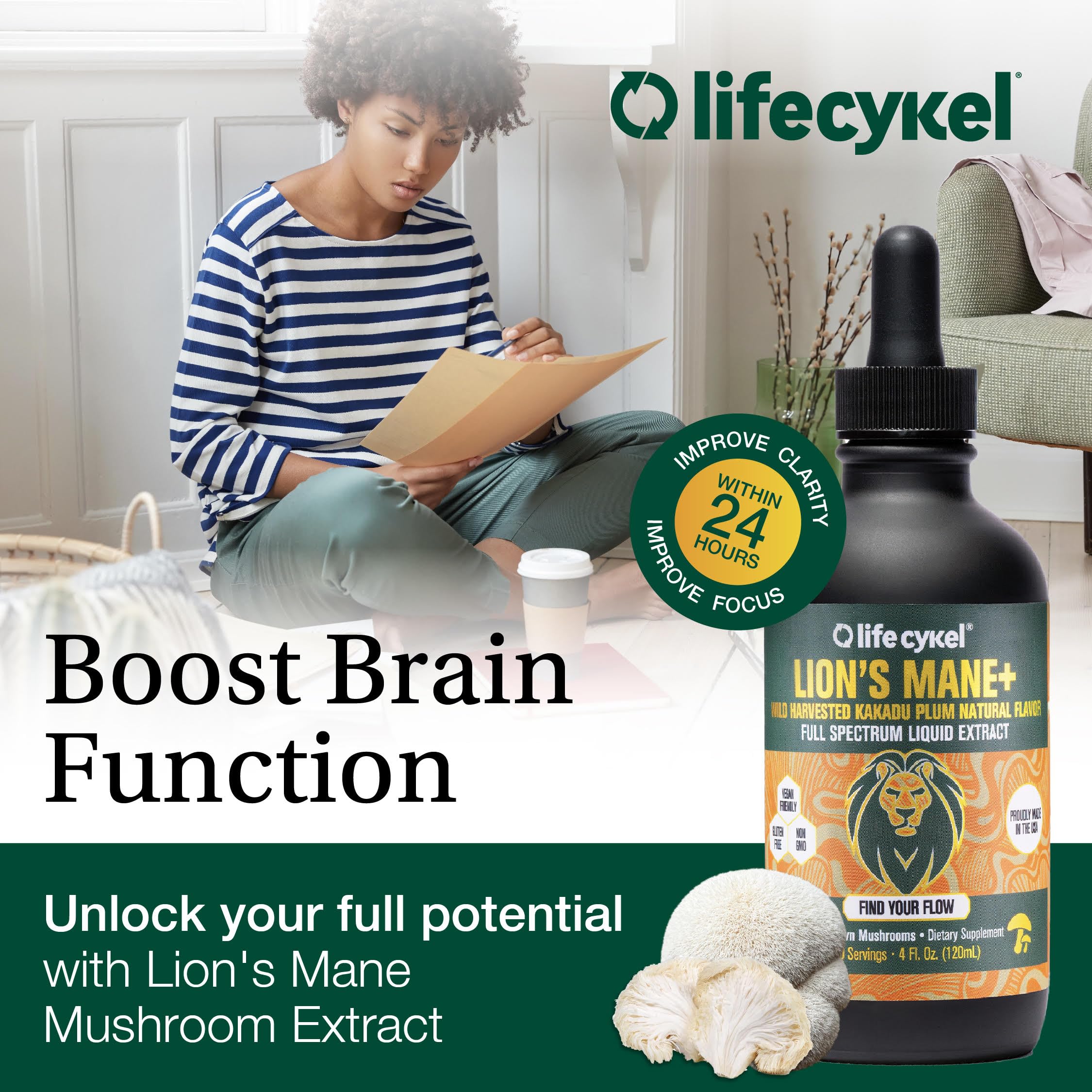 Organic, non-GMO Life Cykel Lion's Mane Kakadu Plum tincture bottle