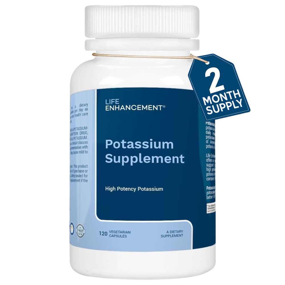 Life Enhancement potassium supplement bottle label showing 1020 mg per serving