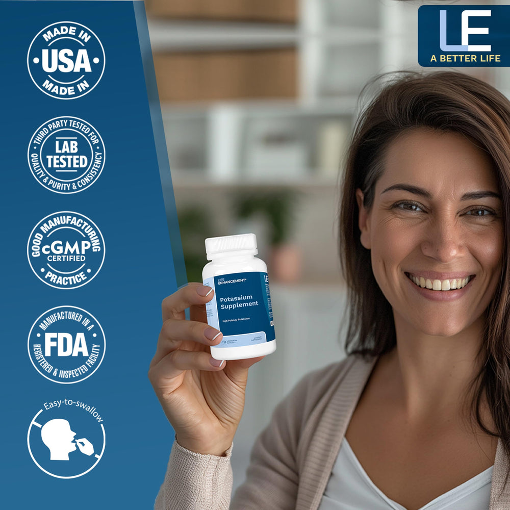 Back label with ingredients and directions for Life Enhancement potassium supplement