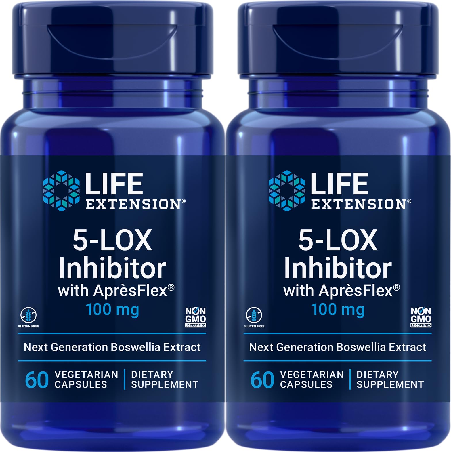 Bottle of Life Extension 5-LOX Inhibitor with AprèsFlex 100 mg, 60 vegetarian capsules, pack of 2
