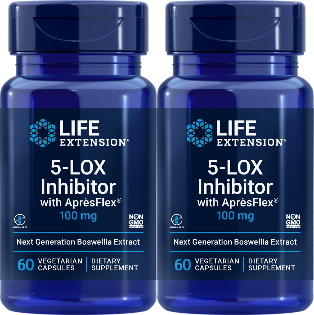 Bottle of Life Extension 5-LOX Inhibitor with AprèsFlex 100 mg, 60 vegetarian capsules, pack of 2