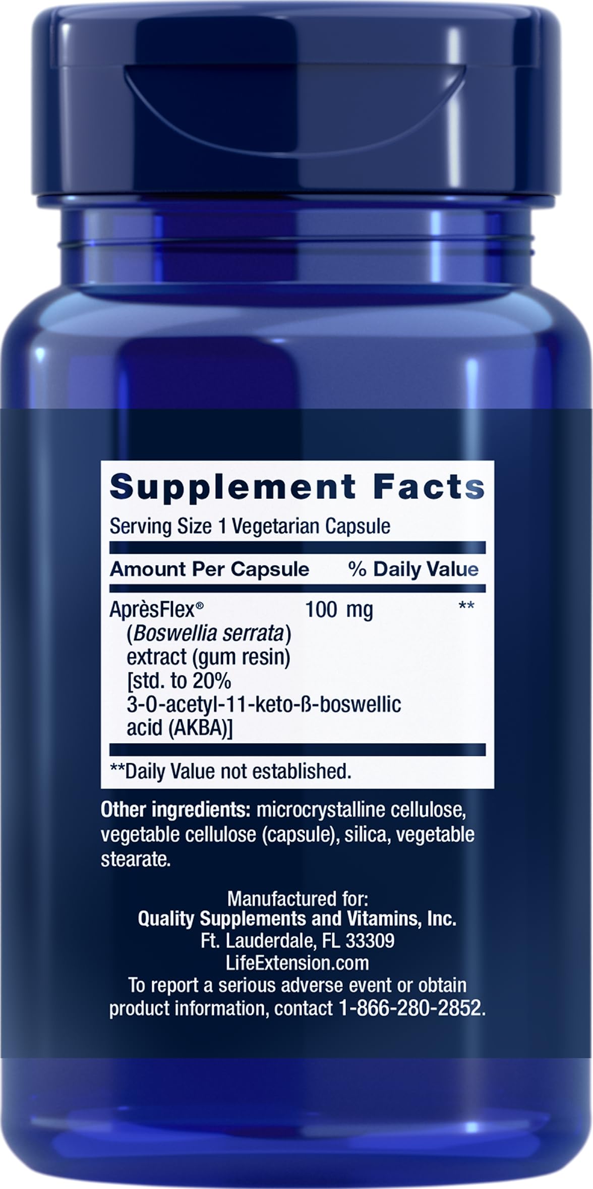 Capsules and bottle label for Life Extension 5-LOX Inhibitor with AprèsFlex 100 mg