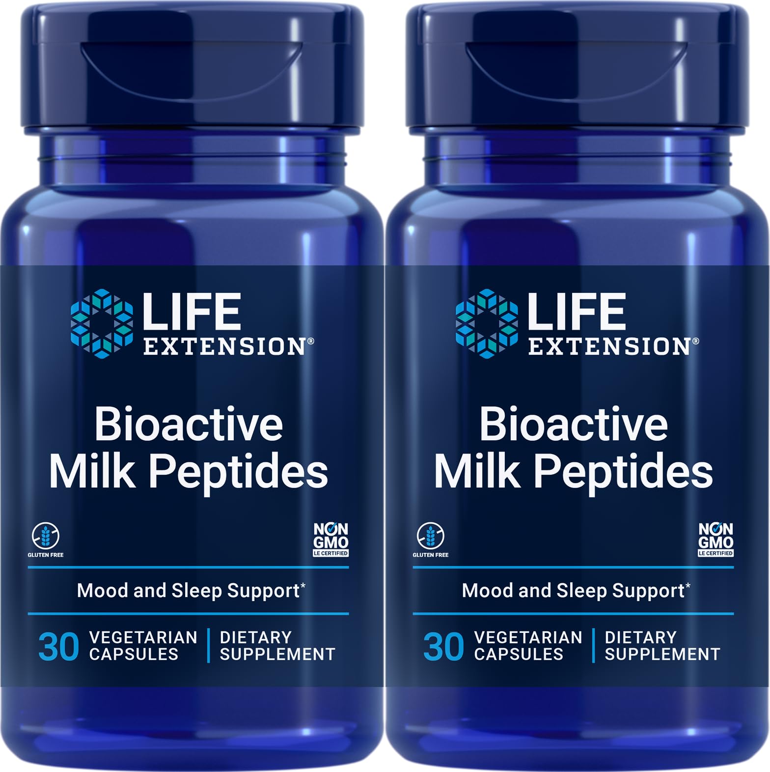 Life Extension Bioactive Milk Peptides bottle and 2-pack packaging - 30 vegetarian capsules