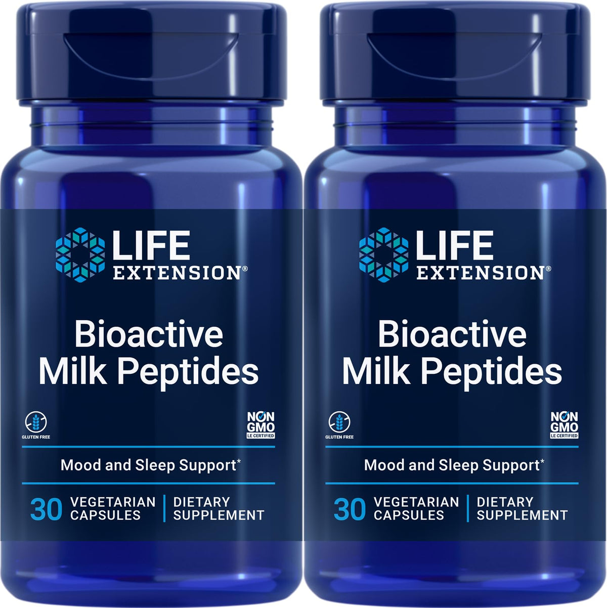 Life Extension Bioactive Milk Peptides bottle and 2-pack packaging - 30 vegetarian capsules