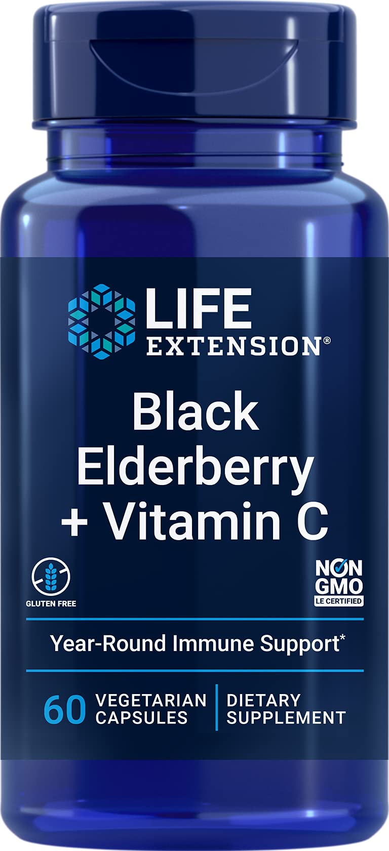 Front view of Life Extension Black Elderberry + Vitamin C bottle