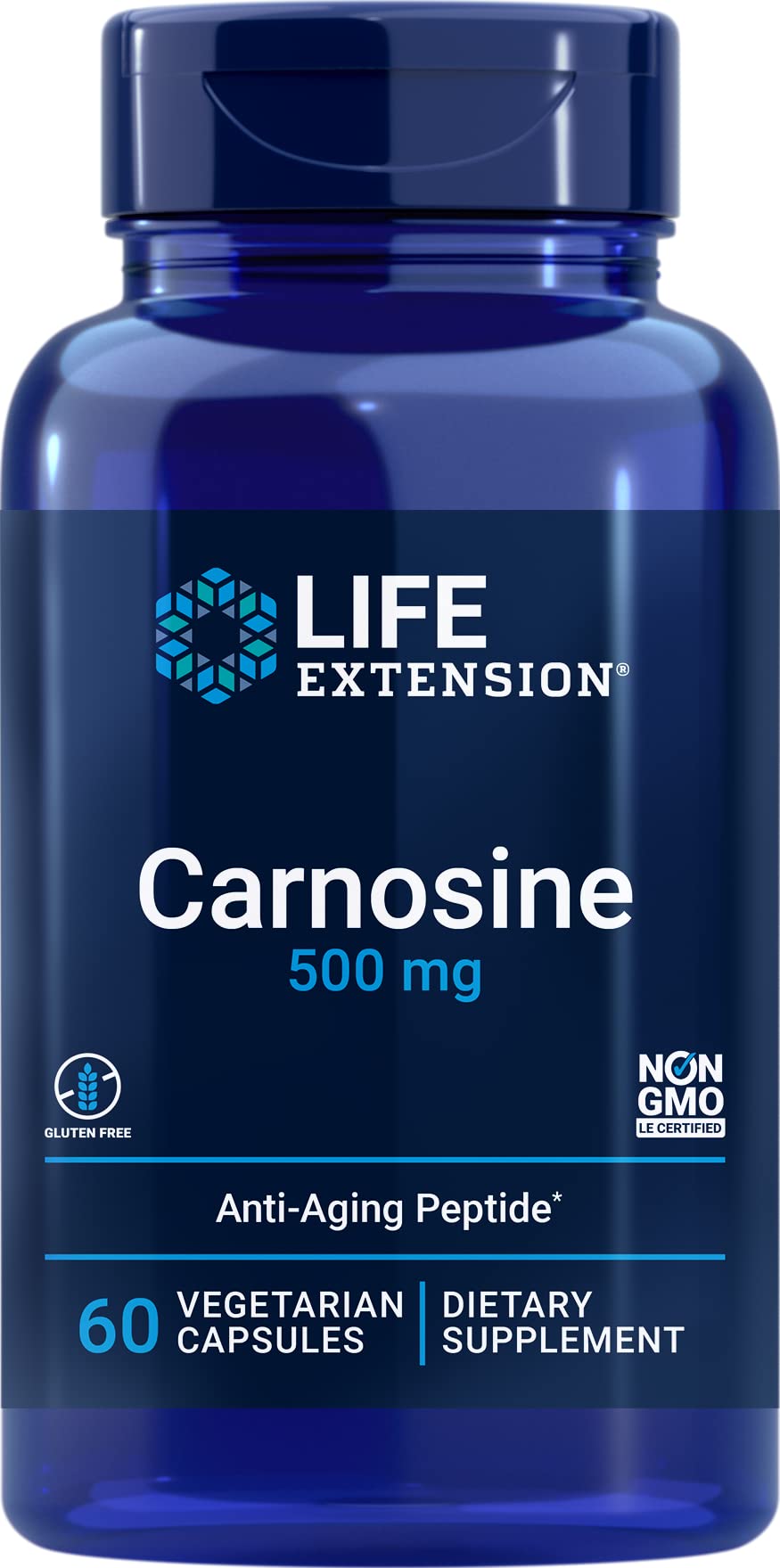 Life Extension Carnosine bottle and label with 60 vegetarian capsules