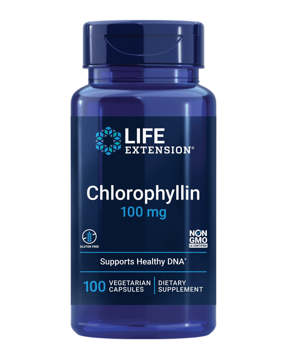 Life Extension Chlorophyllin bottle with green capsules