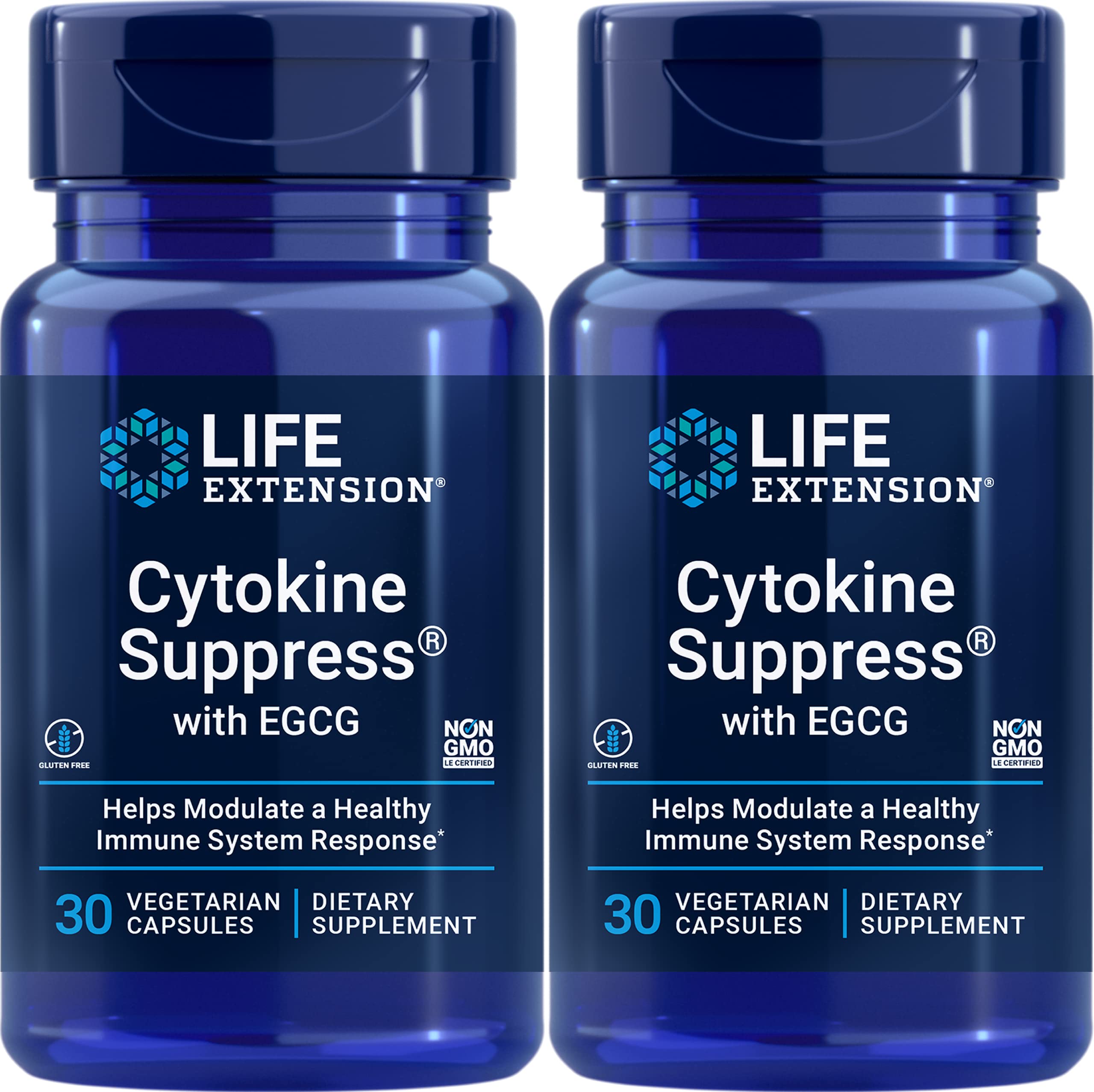 Front bottle view of Life Extension Cytokine Suppress with EGCG, 30 Vegetarian Capsules (Pack of 2)