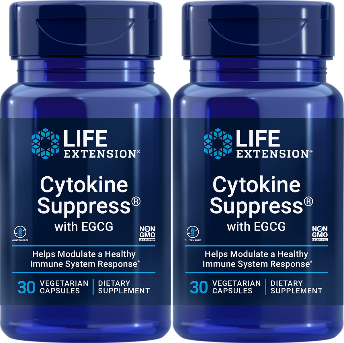 Front bottle view of Life Extension Cytokine Suppress with EGCG, 30 Vegetarian Capsules (Pack of 2)