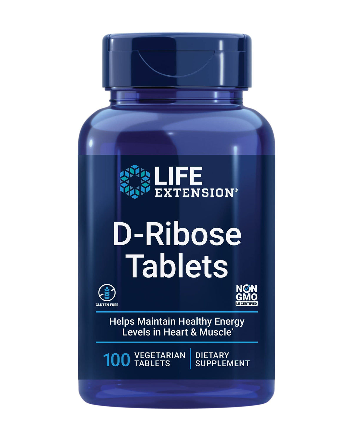 Life Extension D-Ribose Tablets bottle front showing energy support for heart and muscle