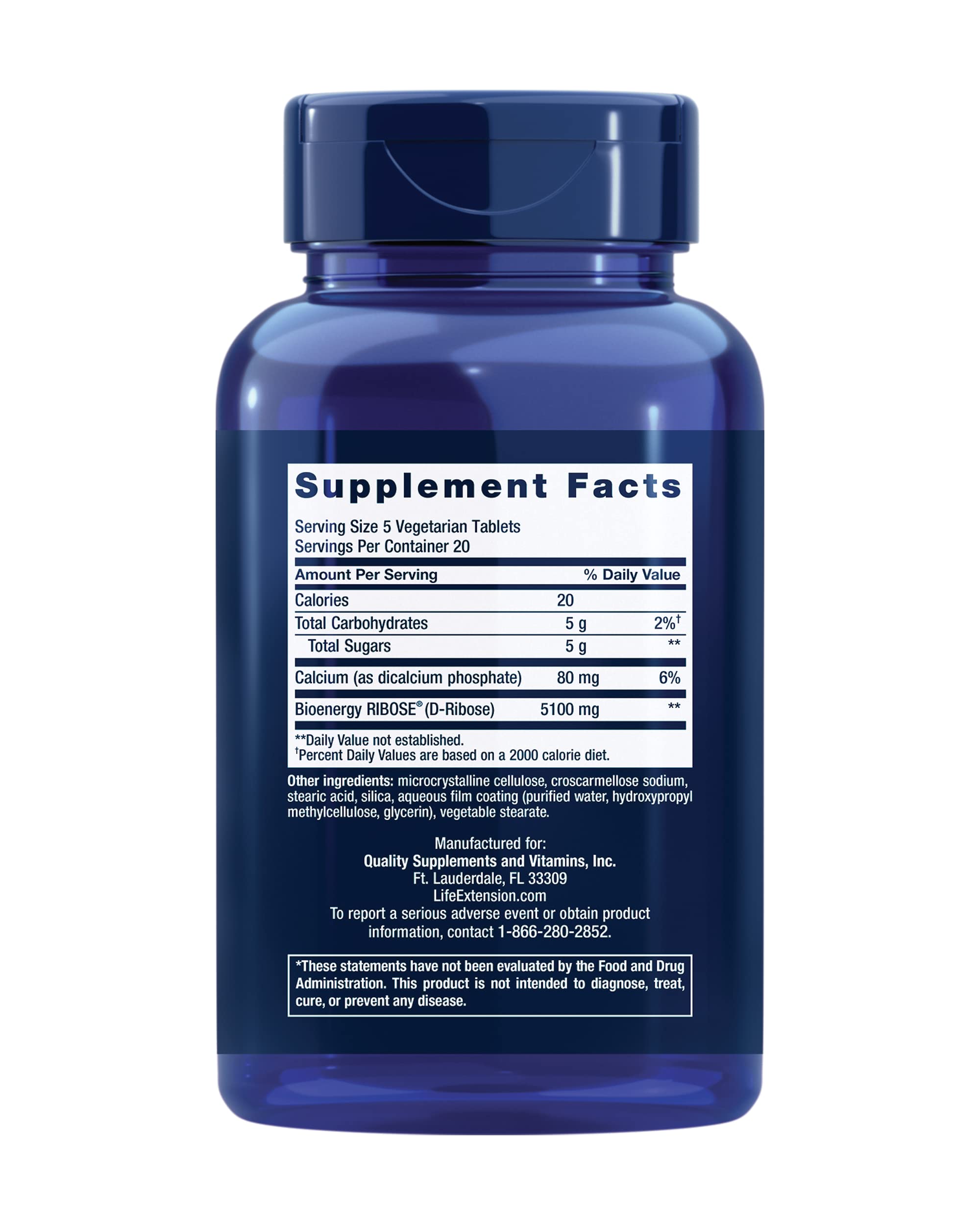 Life Extension D-Ribose Tablets bottle side highlighting dietary compatibility
