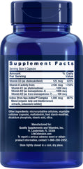 Supplement facts for Life Extension D and K with Sea-Iodine showing 125 mcg D3, 2100 mcg K, 1000 mcg iodine per capsule