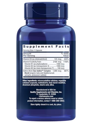 Close-up of Life Extension label showing vitamin D3 and K2