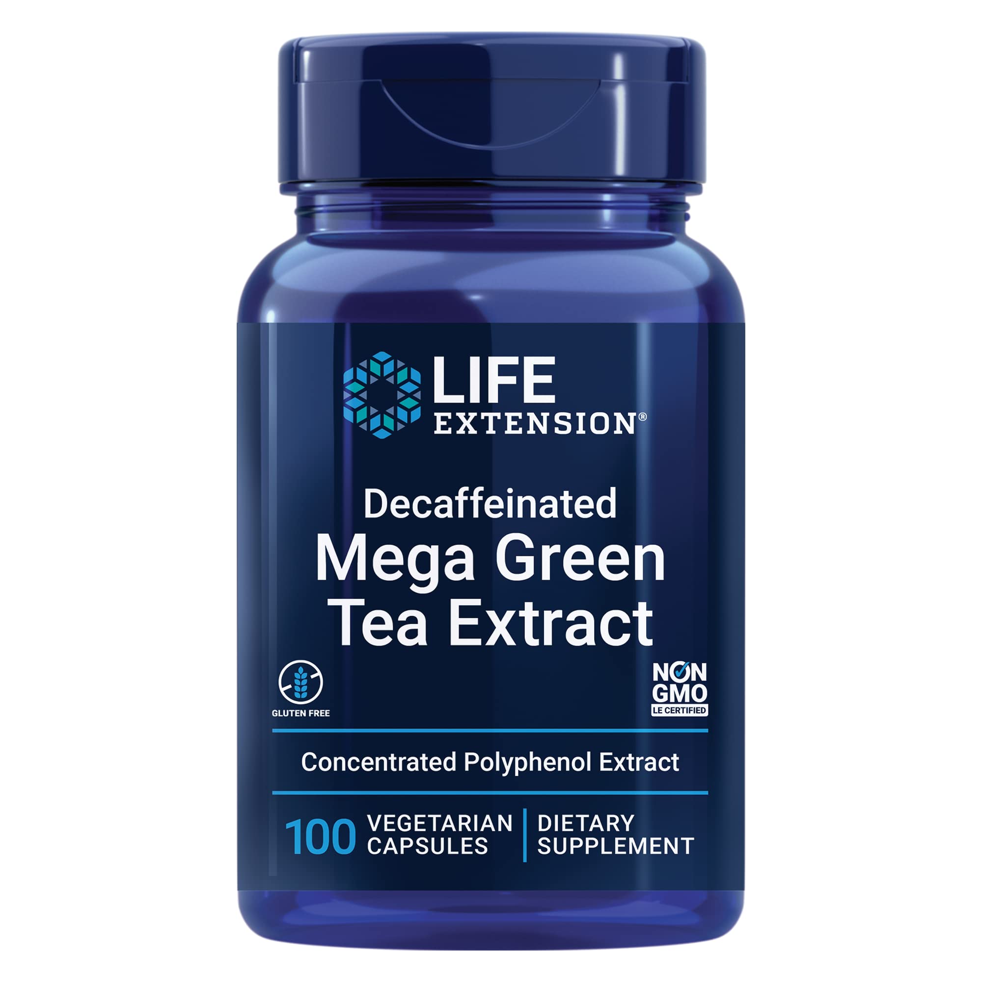 Bottle of Life Extension Decaffeinated Mega Green Tea Extract with label