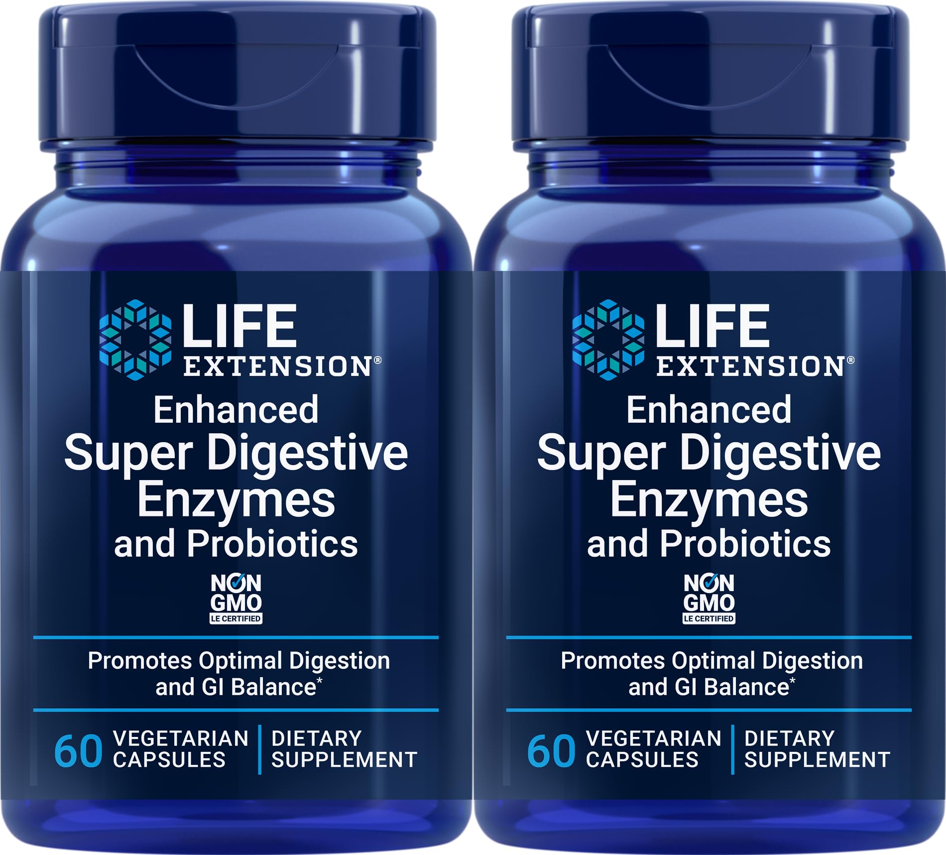 Life Extension Enhanced Super Digestive Enzymes bottle shows capsules for gut balance and plant-based digestion support.
