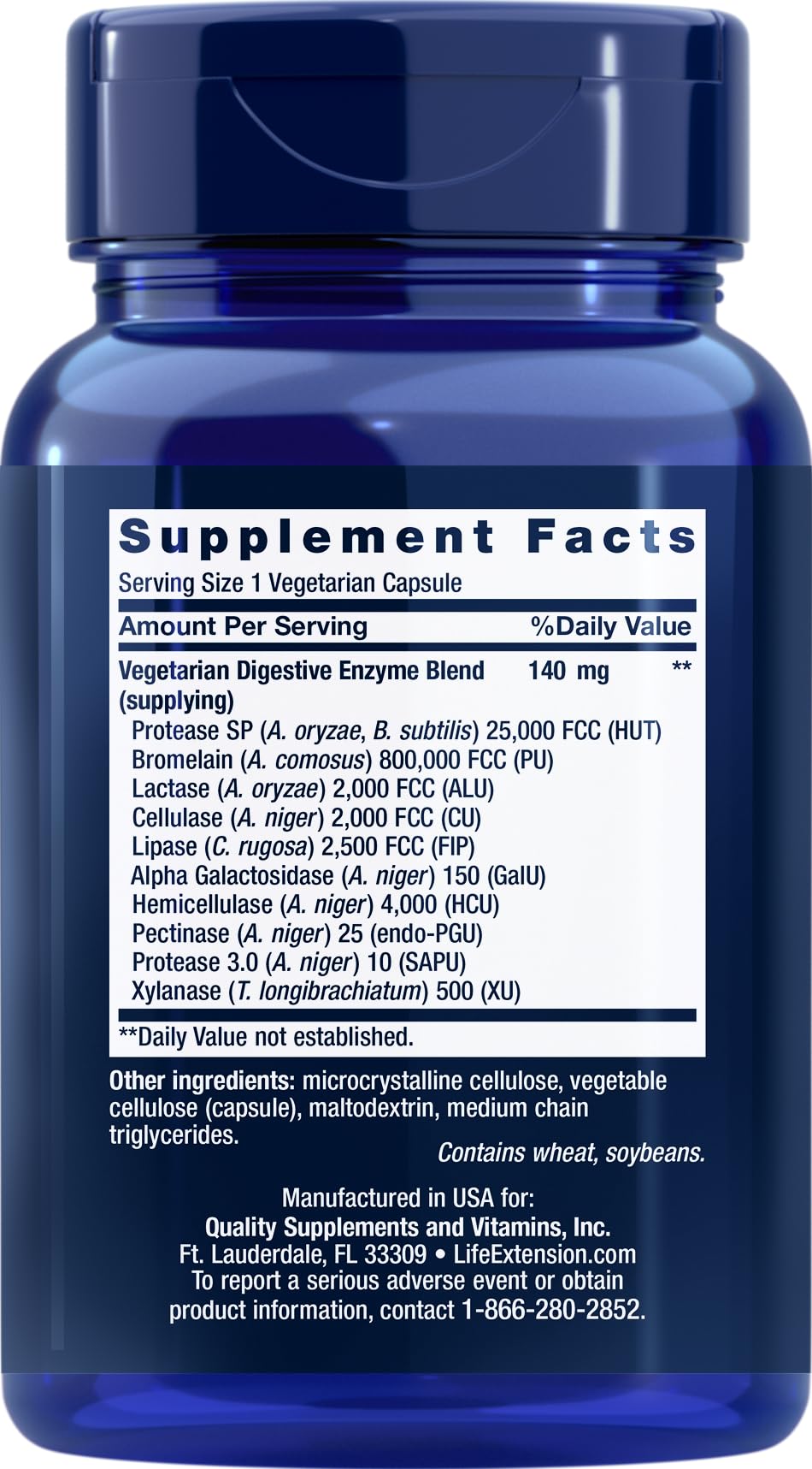 Life Extension Enhanced Super Digestive Enzymes label detail highlighting plant-based enzymes for vegetarian diets