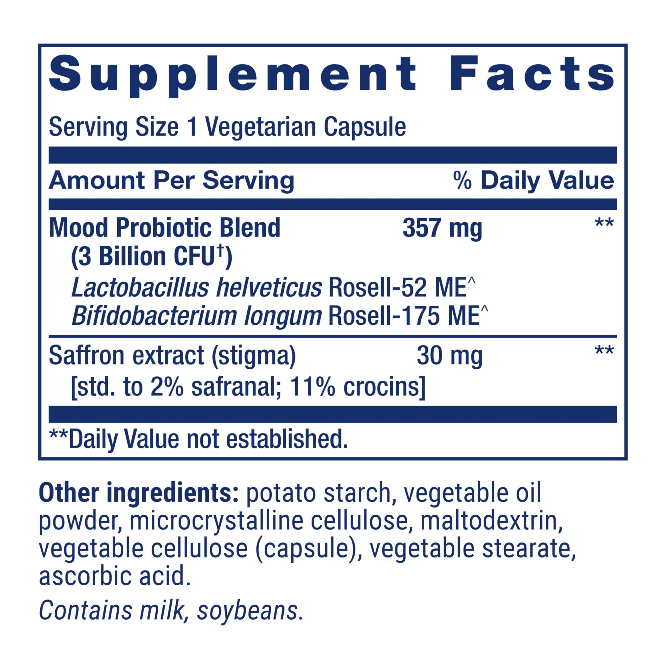 Product label showing Lactobacillus helveticus Rosell-52 and Bifidobacterium longum Rosell-175