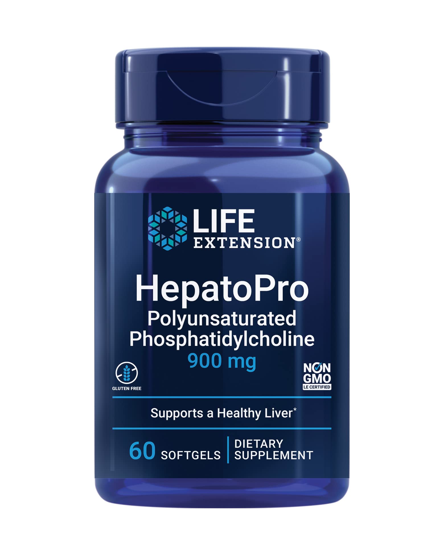 Life Extension HepatoPro softgels bottle highlights 900 mg PPC for liver support and membrane health.