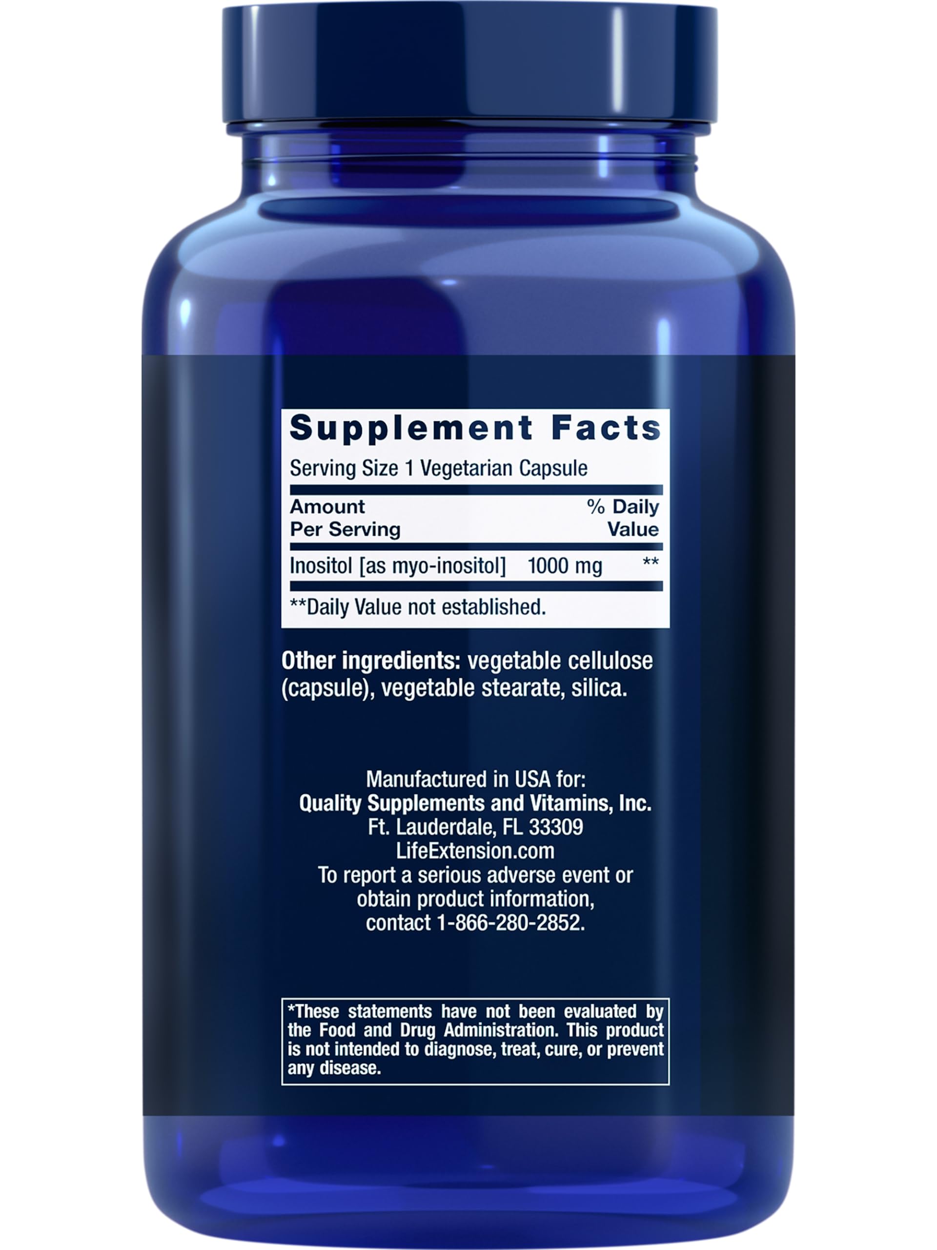 Close-up of Life Extension Inositol Caps bottle label showing 1000 mg