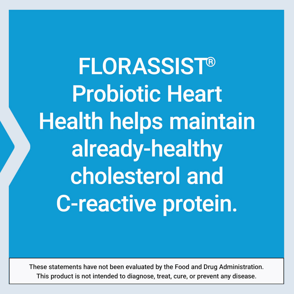 Life Extension FLORASSIST 30242 capsules image illustrates probiotic heart health support.