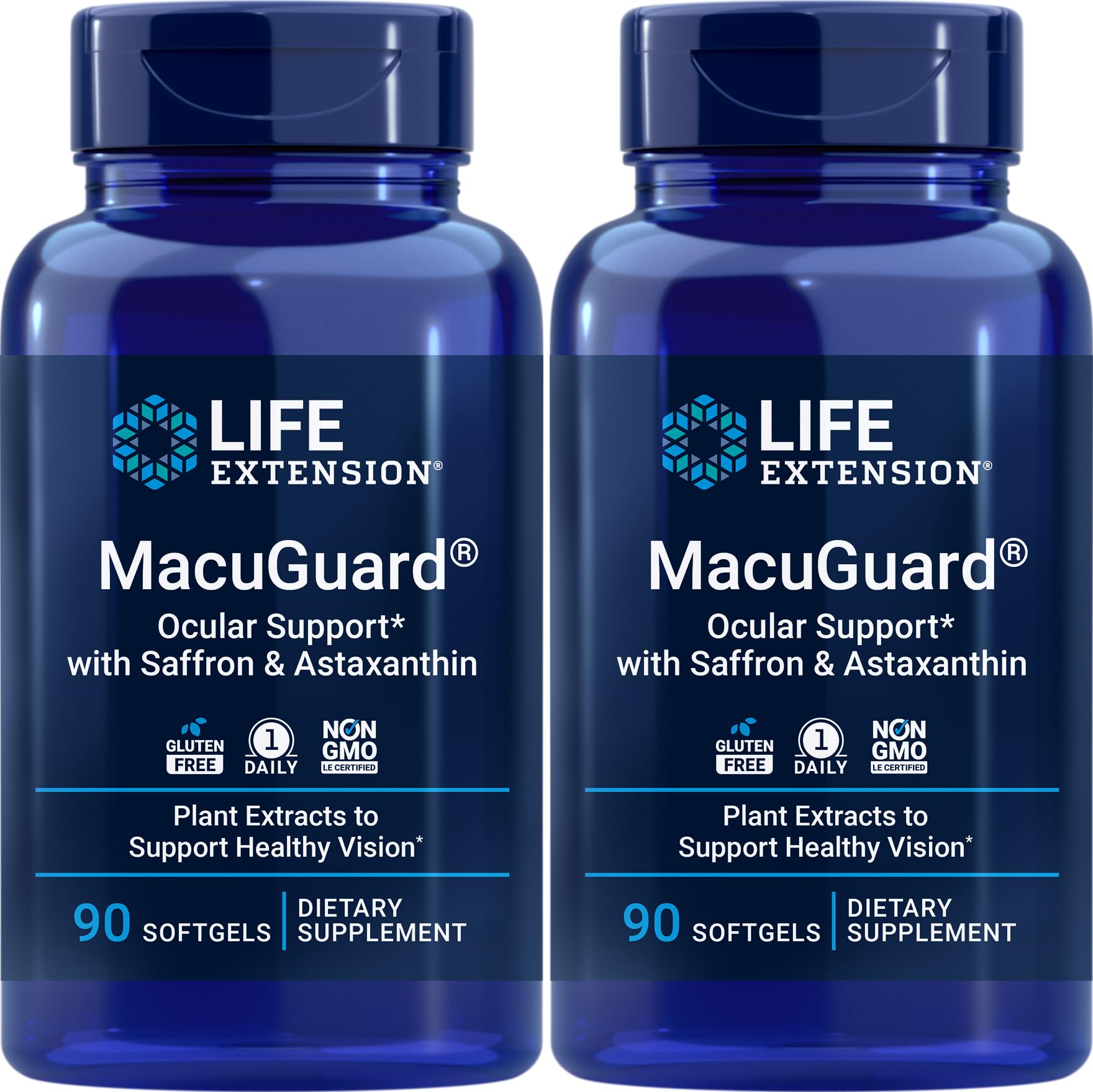 Life Extension MacuGuard 90 softgels Pack 2 with saffron and astaxanthin label