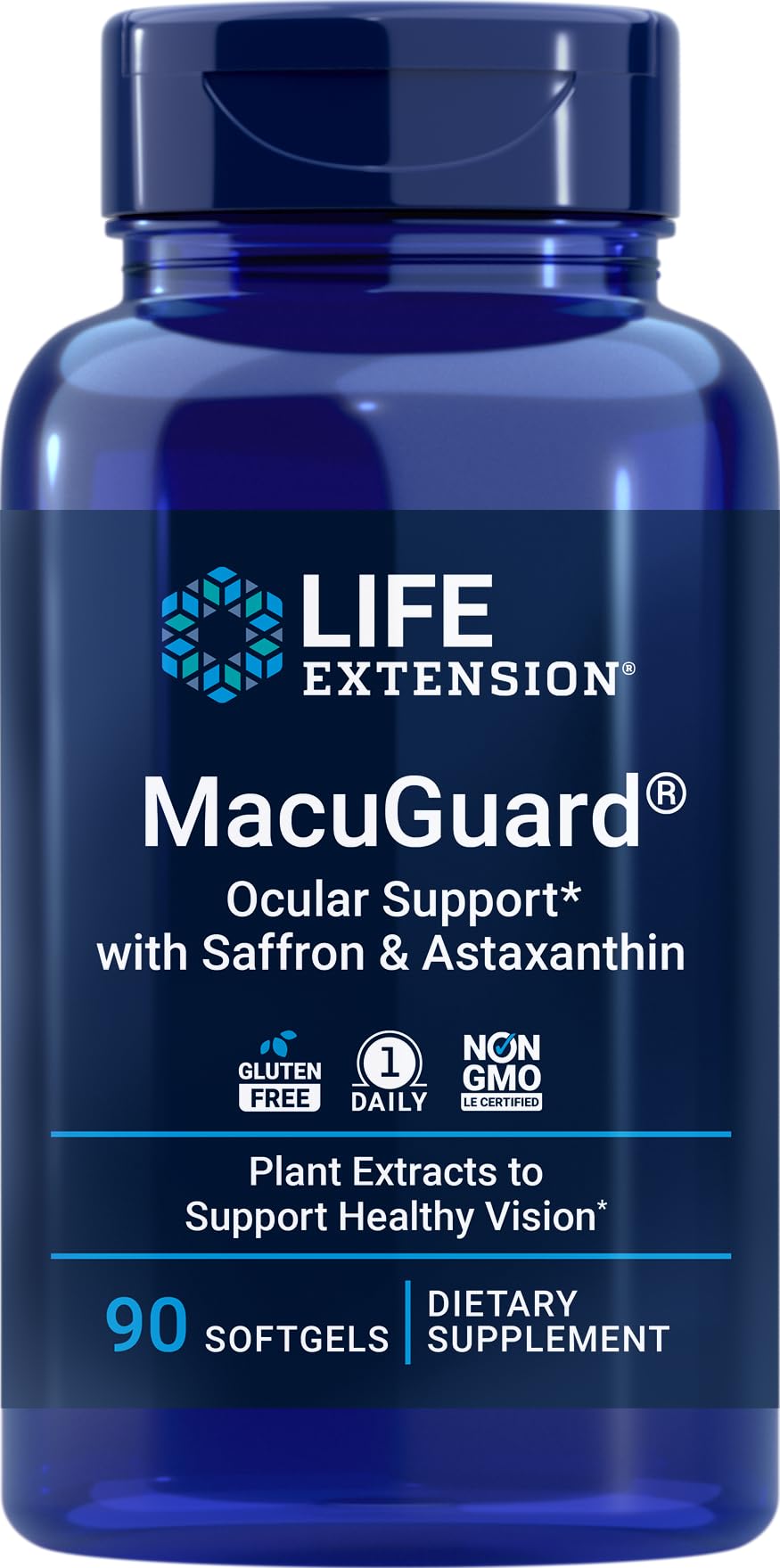 Front view of Life Extension MacuGuard Ocular Support 90 softgels bottle with saffron and astaxanthin