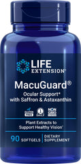 Front view of Life Extension MacuGuard Ocular Support 90 softgels bottle with saffron and astaxanthin