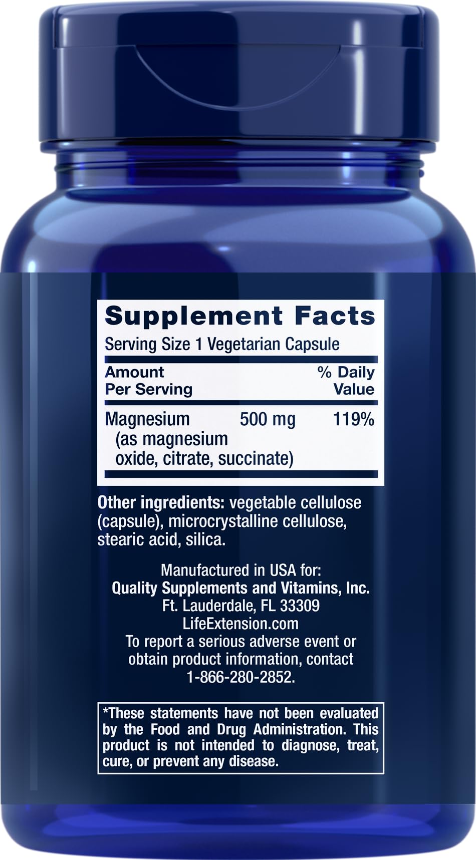Close-up of Life Extension Magnesium 500 mg bottle with capsules