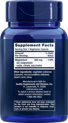 Close-up of Life Extension Magnesium 500 mg bottle with capsules