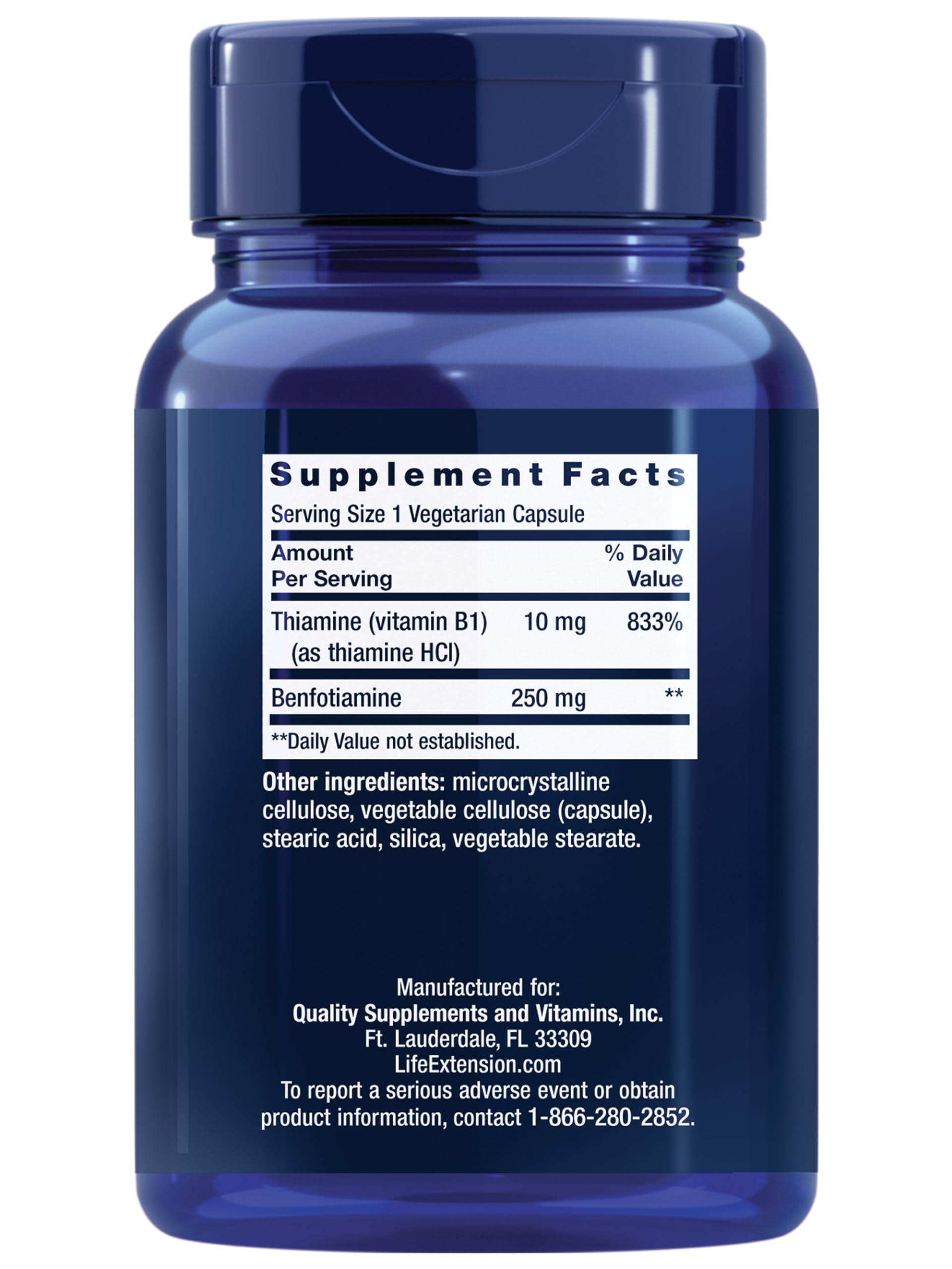 Back view of Life Extension Mega Benfotiamine bottle showing nutrition facts