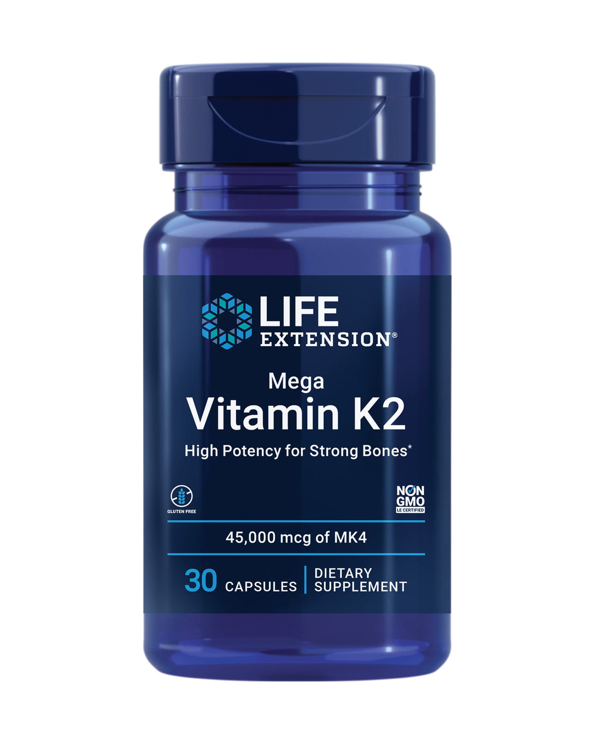 Front view of Life Extension Mega Vitamin K2 bottle with 30 gluten-free capsules