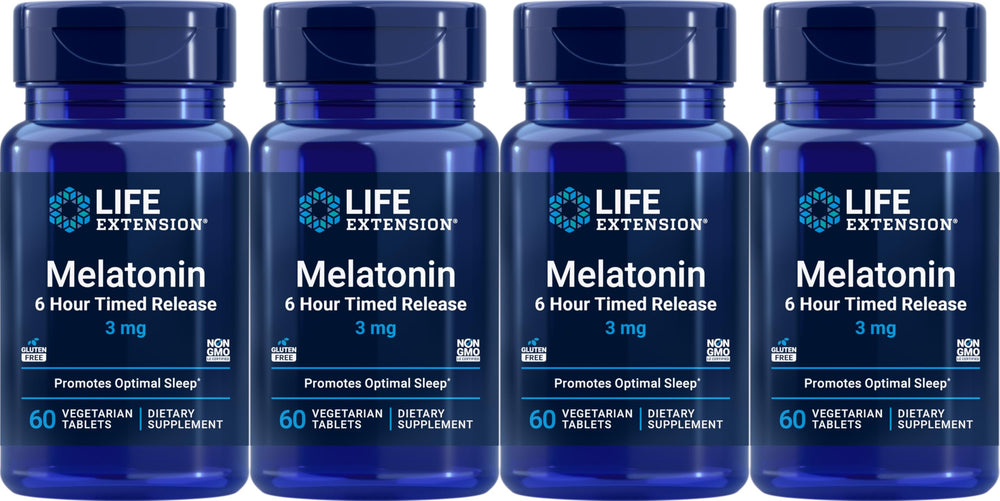 Life Extension Melatonin 6 Hour Timed Release 3 mg - 60 Vegetarian Tablets (Pack of 4) - product image front