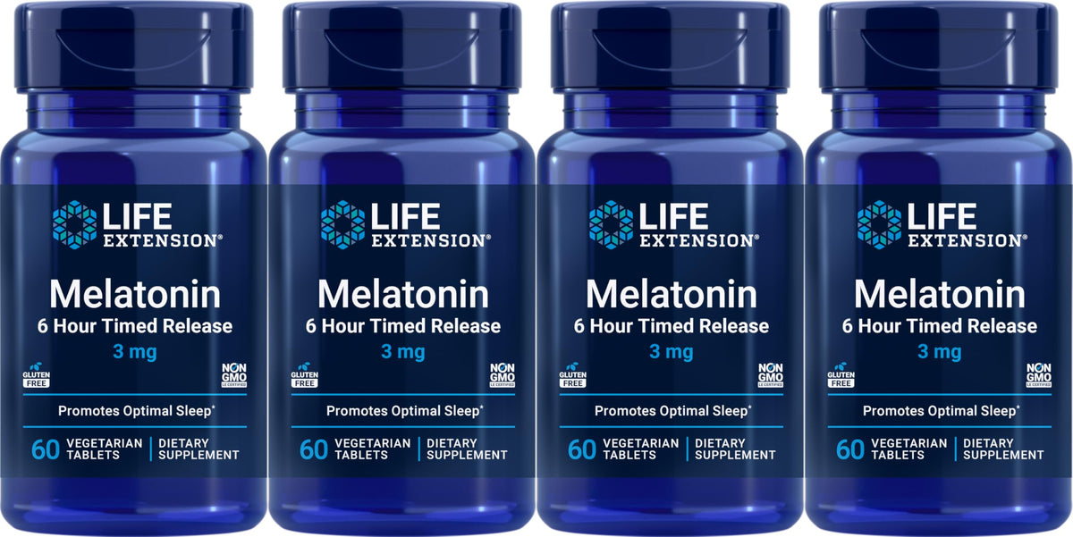 Life Extension Melatonin 6 Hour Timed Release 3 mg - 60 Vegetarian Tablets (Pack of 4) - product image front