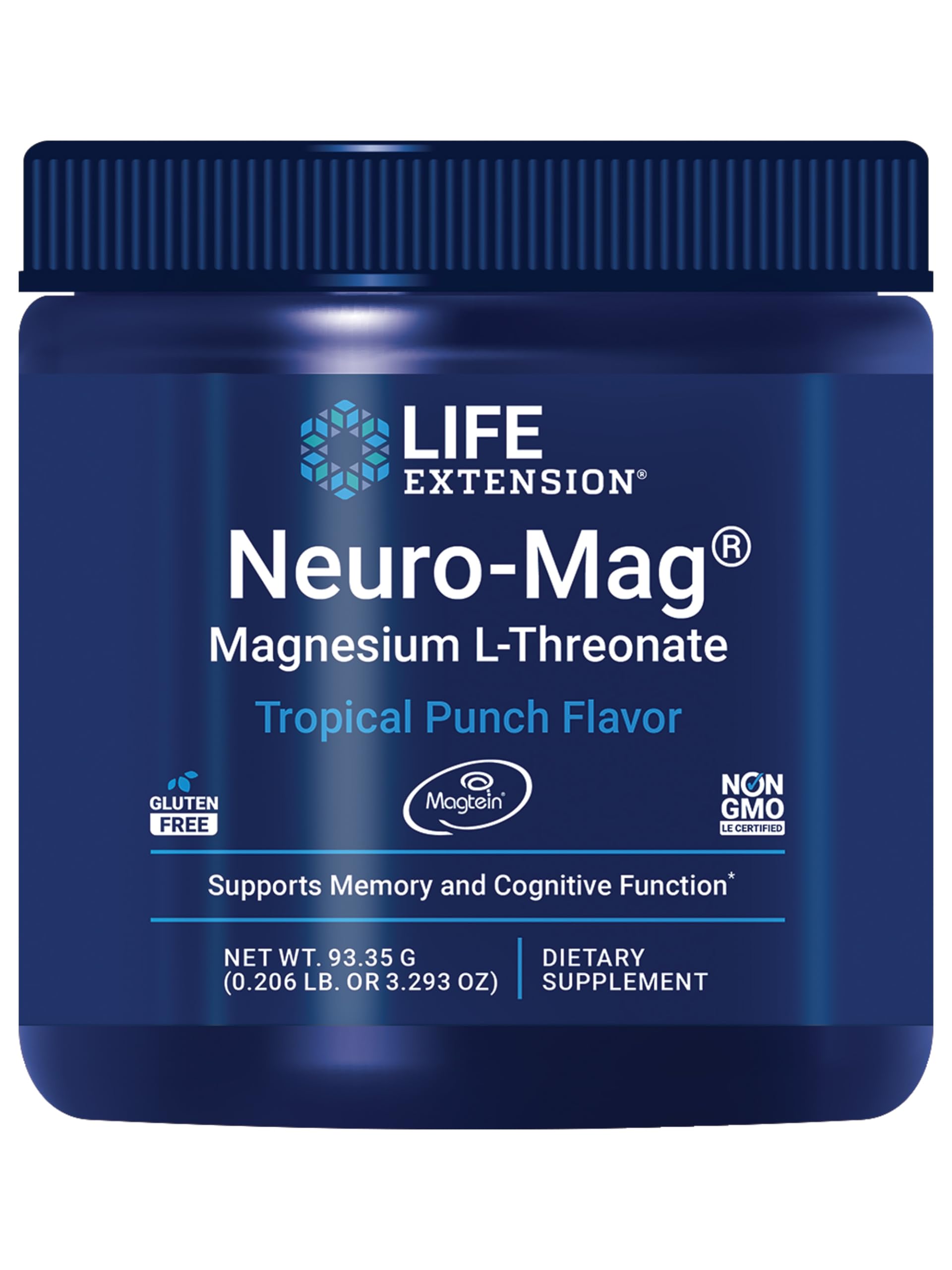 Front view of Life Extension Neuro-Mag Magnesium L-Threonate Powder Tropical Punch bottle