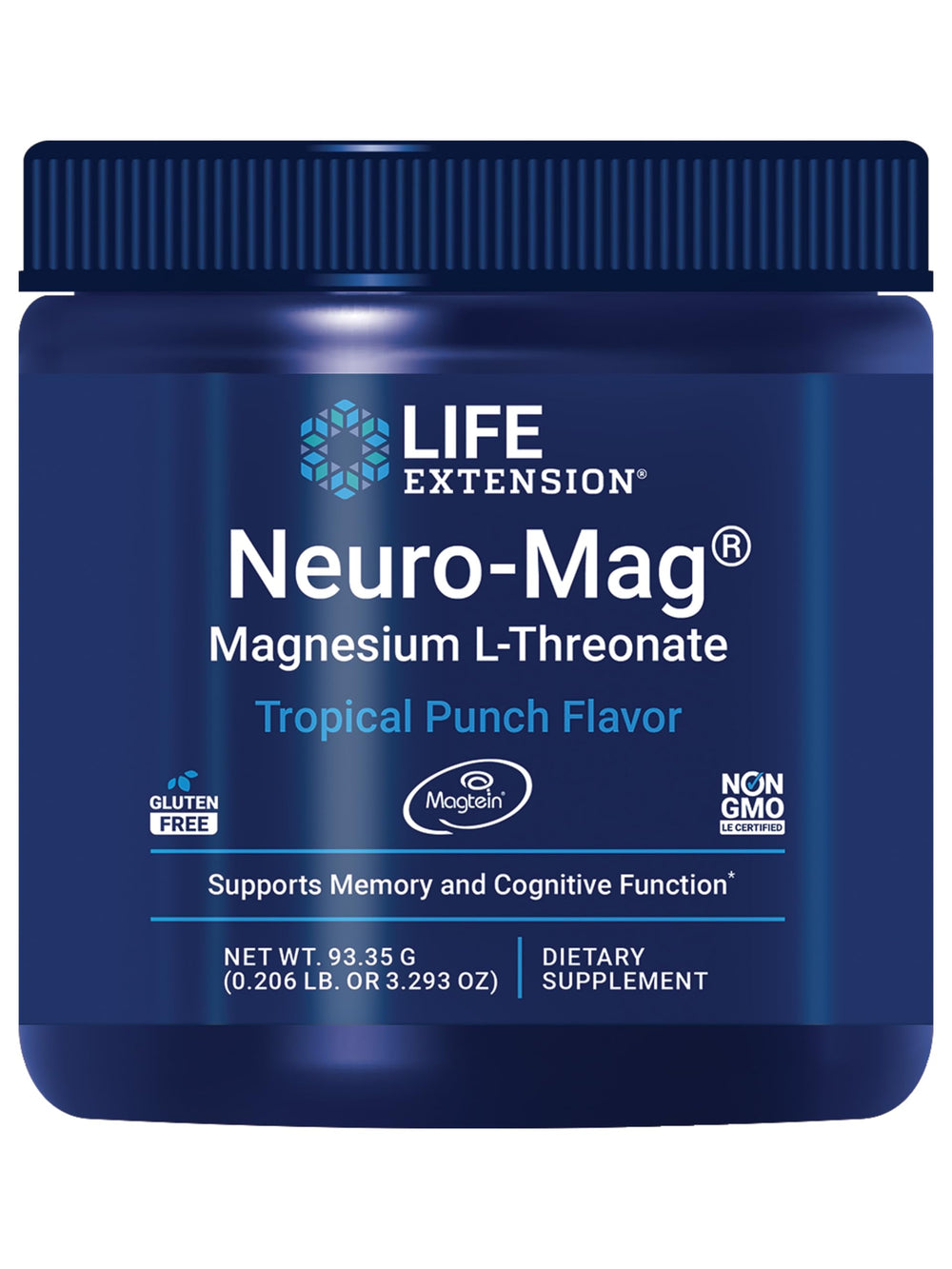 Front view of Life Extension Neuro-Mag Magnesium L-Threonate Powder Tropical Punch bottle