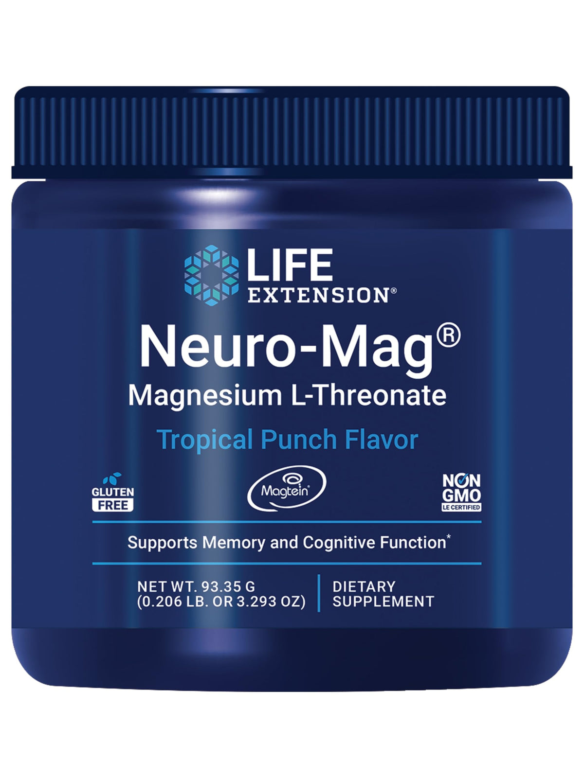 Front view of Life Extension Neuro-Mag Magnesium L-Threonate Powder Tropical Punch bottle