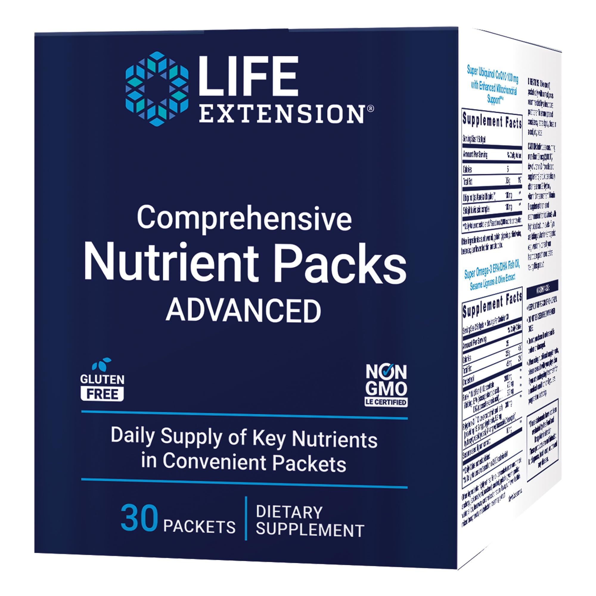Front view of Life Extension Comprehensive Nutrient Packs Advanced single-serve packet