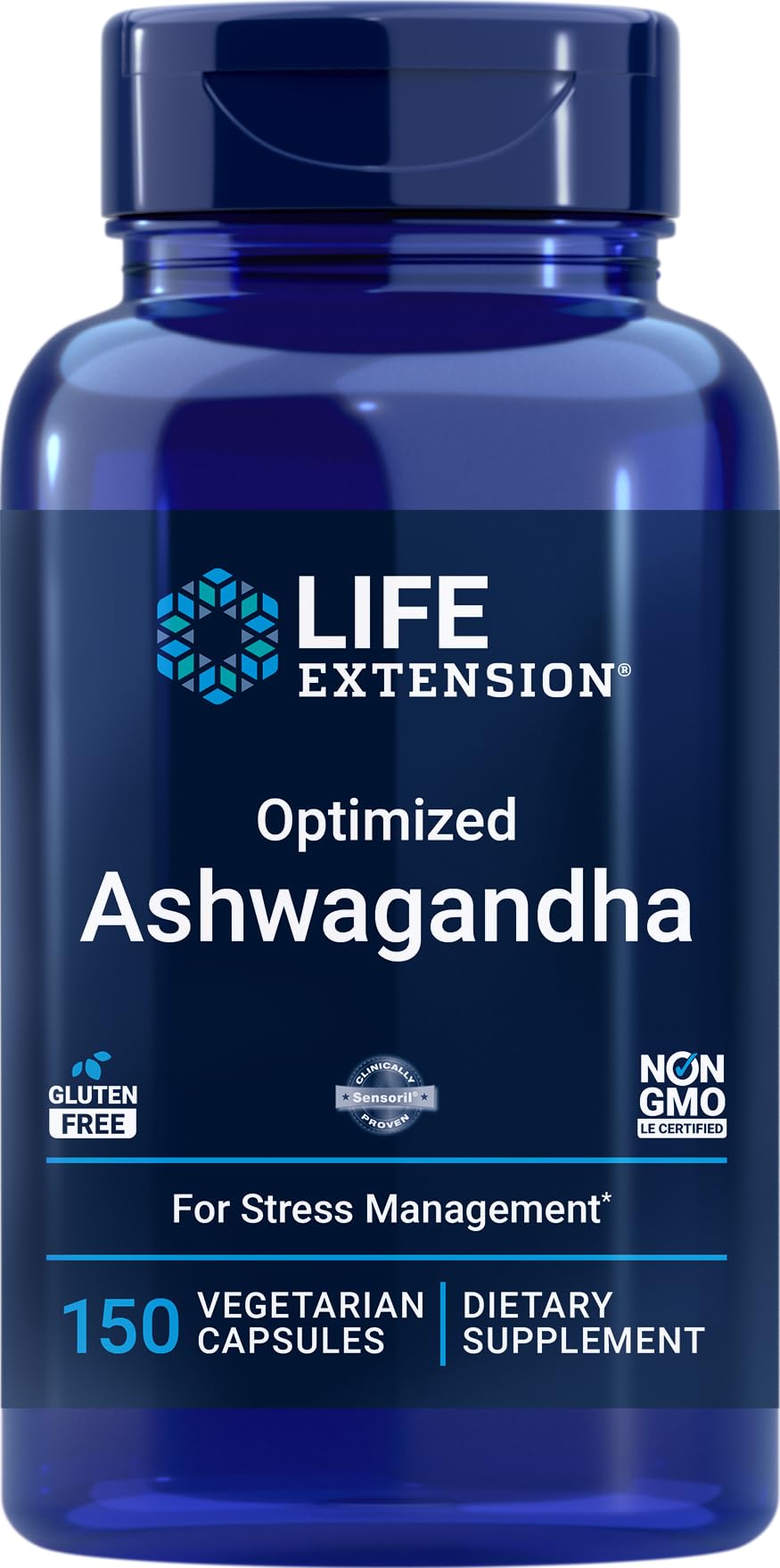 Life Extension Optimized Ashwagandha bottle with 150 vegetarian capsules