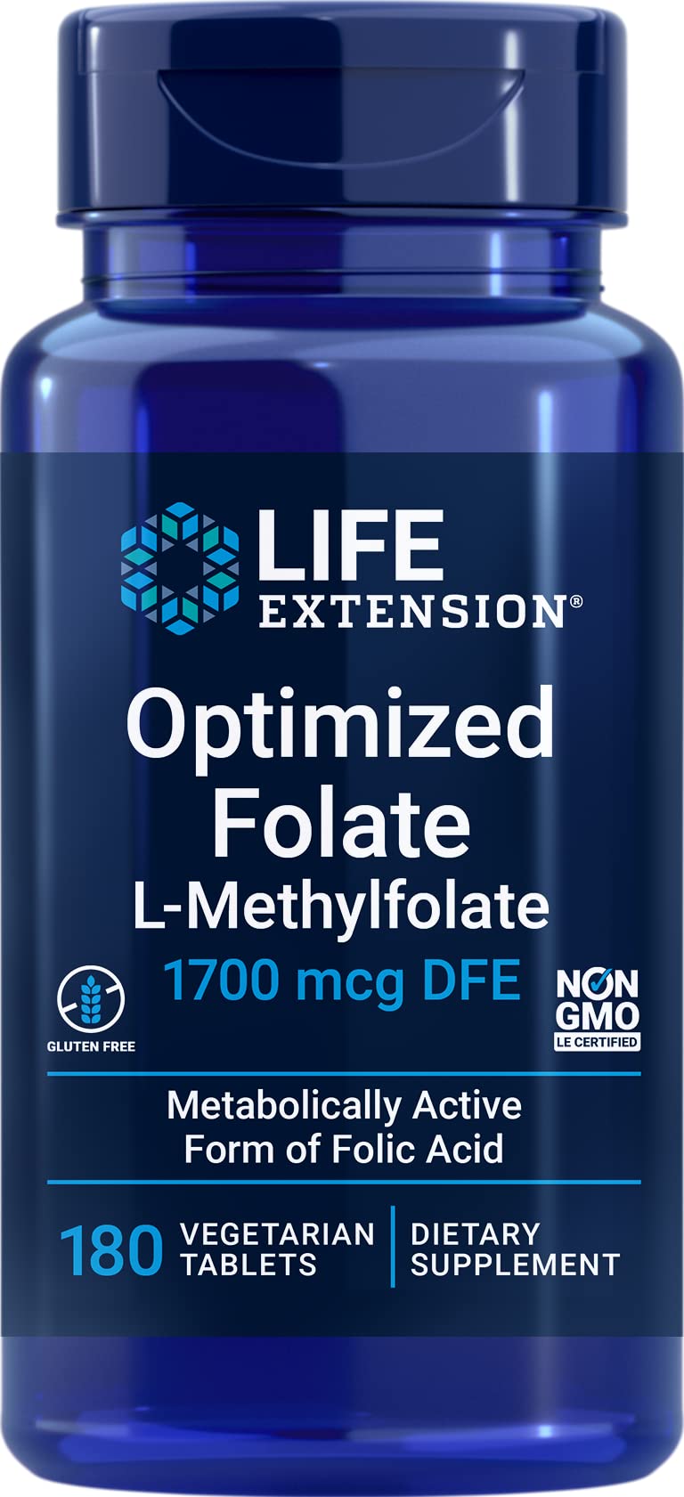 Product label showing Life Extension Optimized Folate 1700 mcg DFE with 180 vegetarian tablets