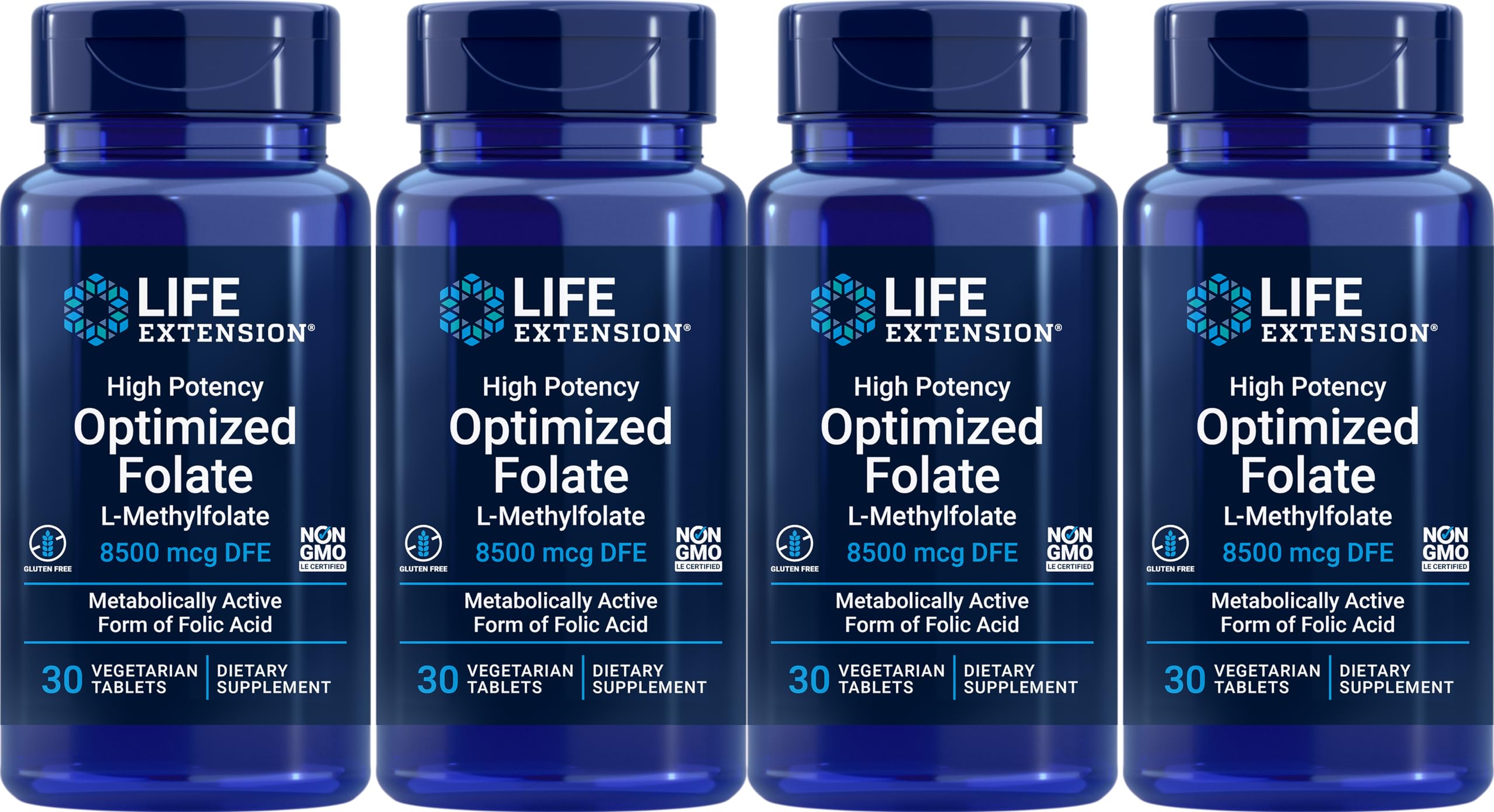 Life Extension High Potency Optimized Folate 8500 mcg DFE bottle with 30 vegetarian tablets