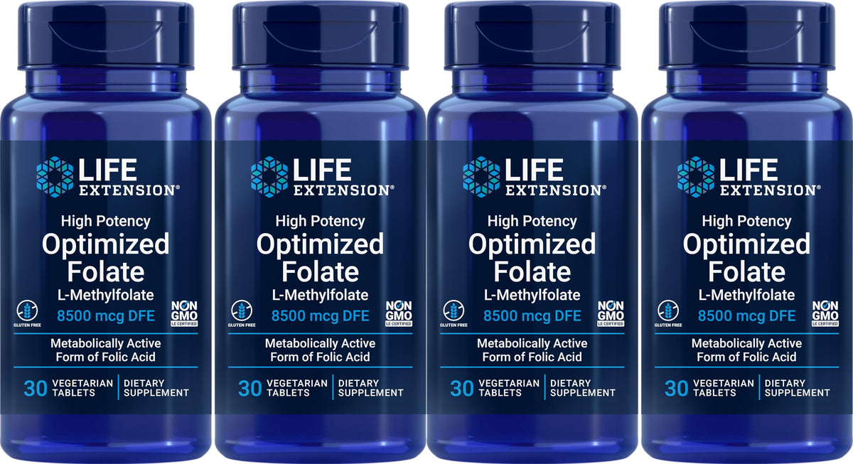 Life Extension High Potency Optimized Folate 8500 mcg DFE bottle with 30 vegetarian tablets