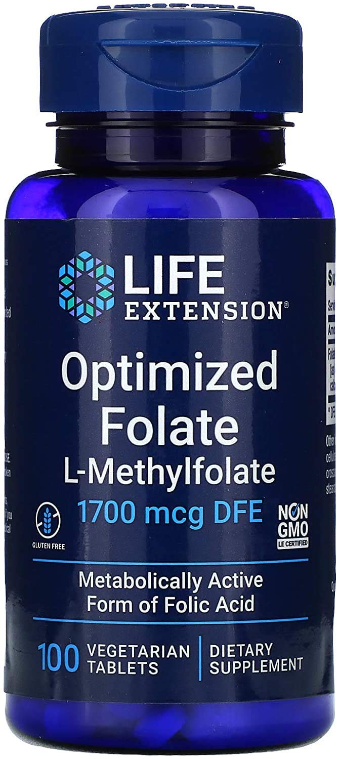Life Extension Optimized Folate L-Methylfolate 1000 mcg Vegetarian Tablets 2-Pack Bottle 1