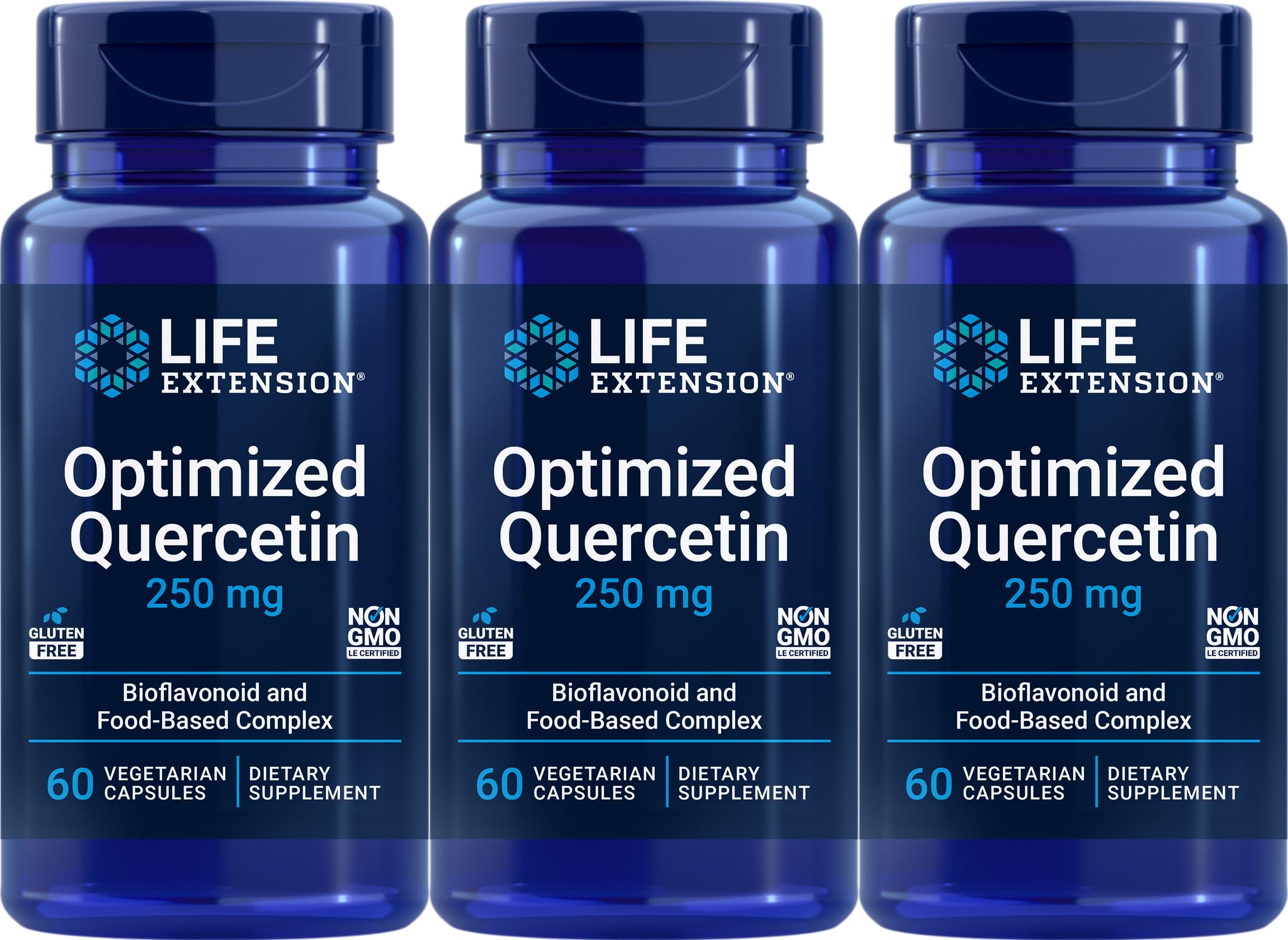 Bottle of Life Extension Optimized Quercetin Capsules with 60 vegetarian capsules per bottle, pack of 3