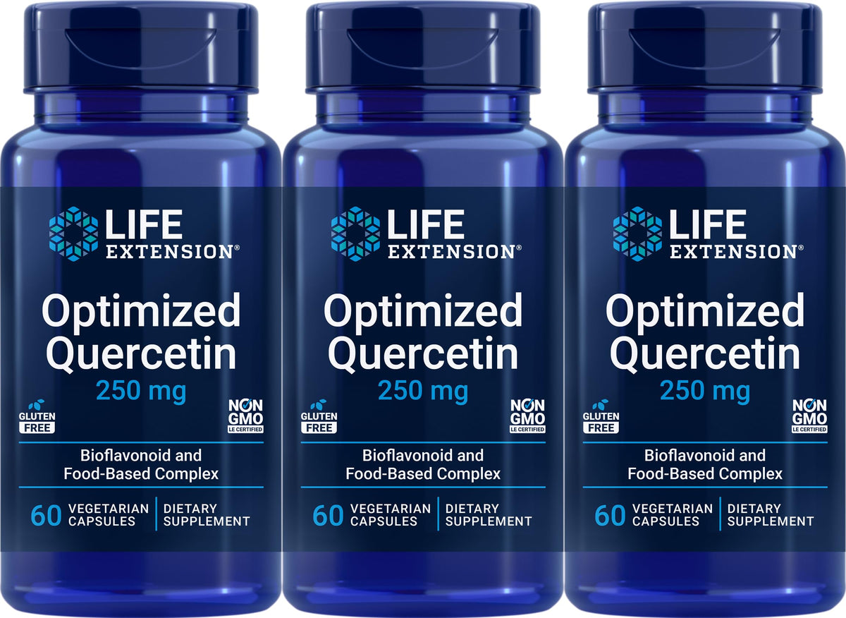 Bottle of Life Extension Optimized Quercetin Capsules with 60 vegetarian capsules per bottle, pack of 3