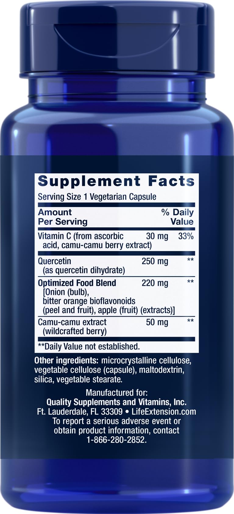 Close-up of Life Extension Quercetin Capsules packaging and ingredients