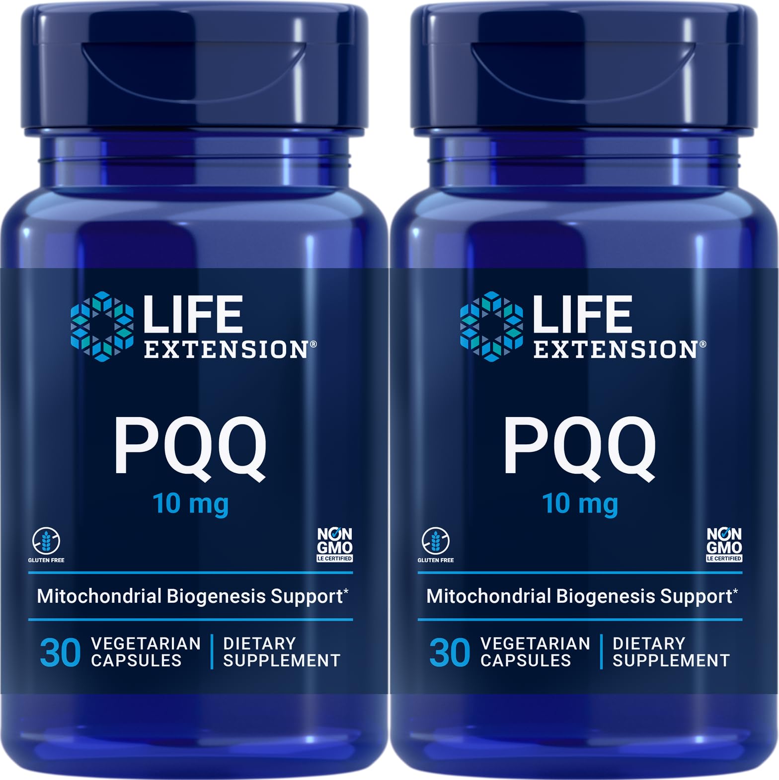 Life Extension PQQ bottle showing 60 vegetarian capsules (pack of 2)