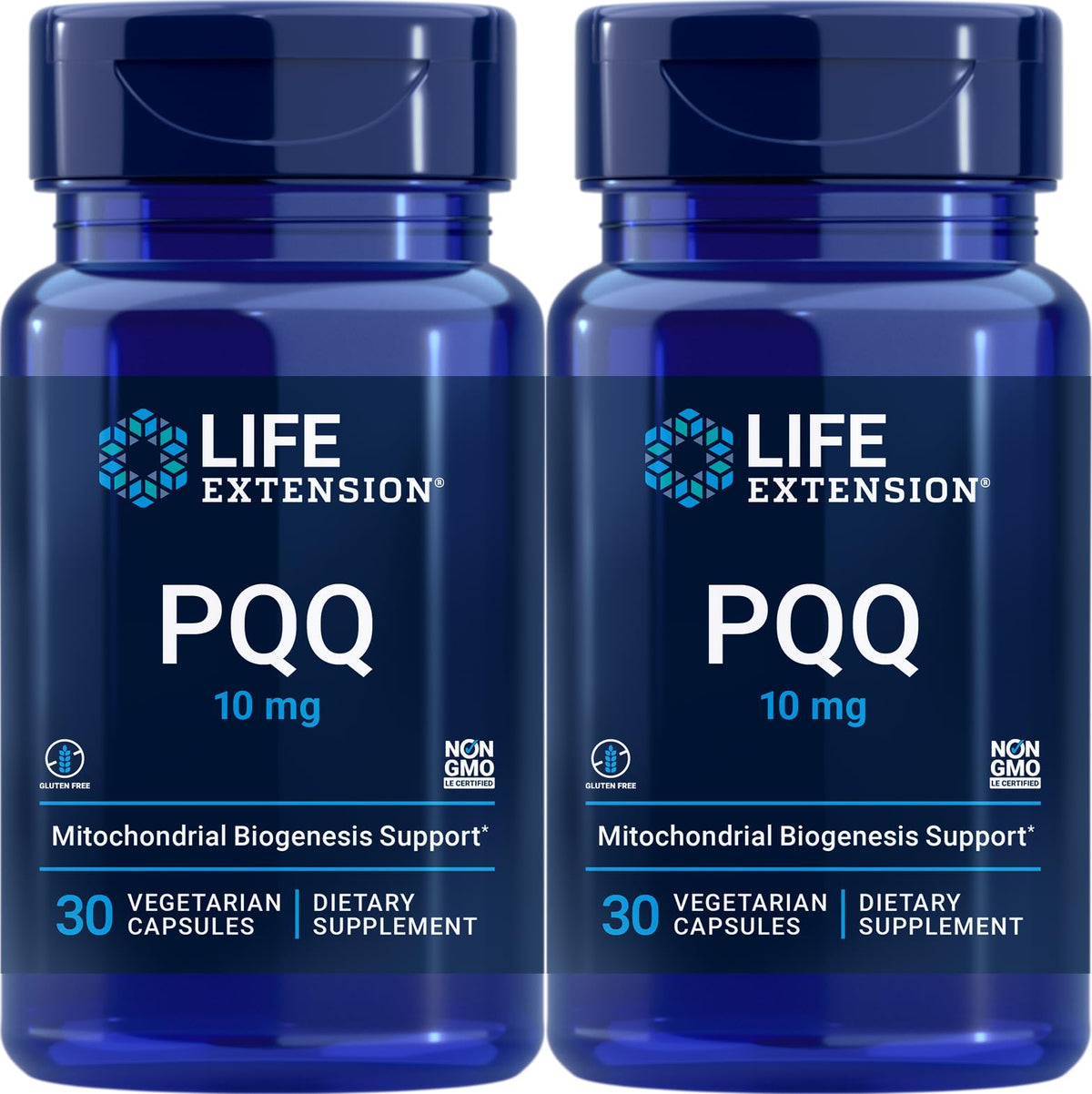 Life Extension PQQ bottle showing 60 vegetarian capsules (pack of 2)